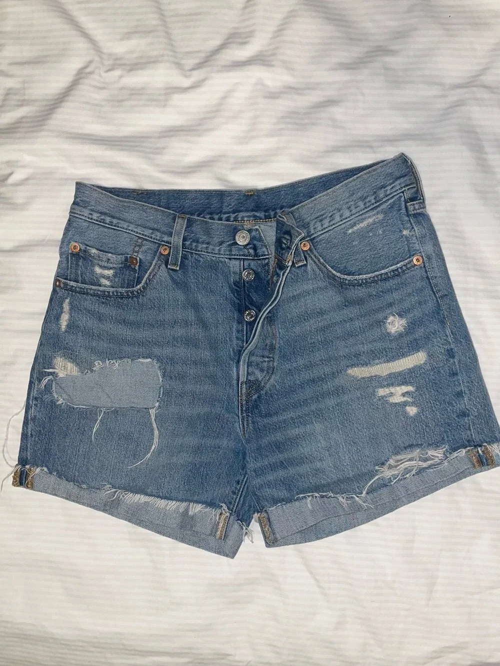 Levi's Distressed High-Rise Denim Shorts - Blue - Picture 1 of 5